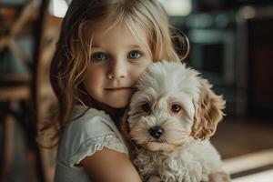 ai generado pequeño niña con su perrito a hogar foto