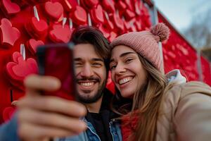 AI generated Joyful lovely couple taking selfie on valentines day, Happy valentine day concept photo