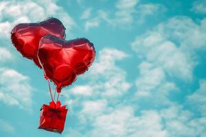 AI generated Red heart shaped foil air balloons floating on blue cloudy sky, Valentine's Day celebration photo