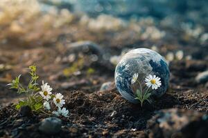 AI generated Global Earth On Soil In Forest With Ferns And Sun Shine photo