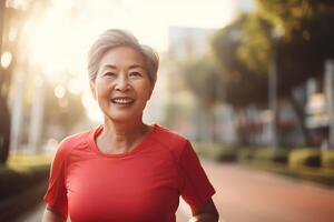 AI generated portrait photography of happy senior citizen who is jogging for finesse photo