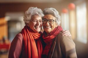 AI generated Two happy senior citizen women, day light blurry background photo