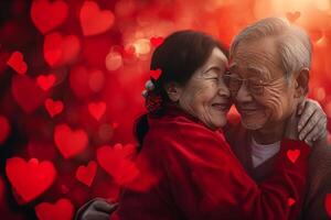 AI generated Elderly smiling couple portrait tenderly surrounded by romantic atmosphere of floating hearts. photo