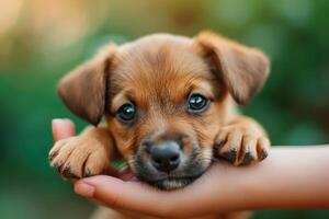 AI generated Cute puppy laying on the hand photo