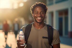 AI generated A happy smiling man who is walking, he is holding a water bottle photo