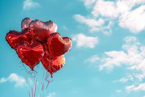 AI generated Red heart shaped foil air balloons floating on blue cloudy sky, Valentine's Day celebration photo