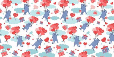 modelo dibujos animados gato con regalo caja moscas en en forma de corazon globos contento gatito. inscripción, el palabra amor. embalaje diseño para bodas, cumpleaños, San Valentín día. vector sin costura antecedentes.