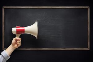 AI generated Hand holding megaphone over chalkboard background with copy space photo