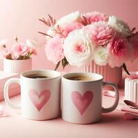 ai generado dos tazas de café con rosado y blanco flores en un rosado antecedentes foto