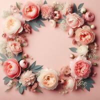 AI generated sweet wreath with red roses on pastel background photo