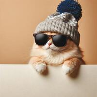 AI generated Cute cat wearing knitted hat, scarf and sunglasses. Fashion concept. photo