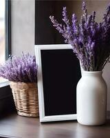 AI generated Blank sign with cup of coffee and Lavender Flowers decorate photo