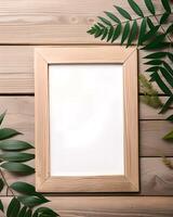 AI generated Wooden frame with tropical leaves on wooden background. Flat lay, top view photo