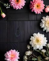 AI generated Beautiful flowers on black wooden background. Flat lay, top view photo