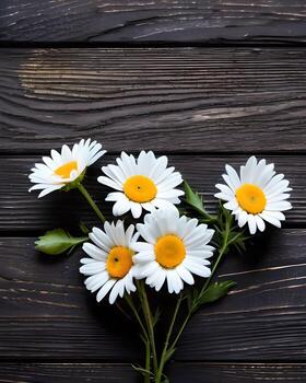 ai generado manzanilla flores en un oscuro de madera antecedentes. teñido selectivo atención foto