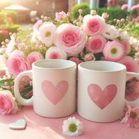ai generado dos tazas de café con rosado y blanco flores en un rosado antecedentes foto