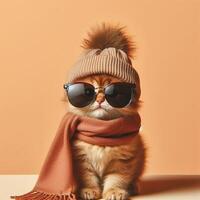 AI generated Cute cat wearing knitted hat, scarf and sunglasses. Fashion concept. photo