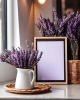 AI generated Blank sign with cup of coffee and Lavender Flowers decorate photo