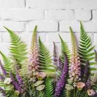 AI generated green fern on white brick wall with copy space photo