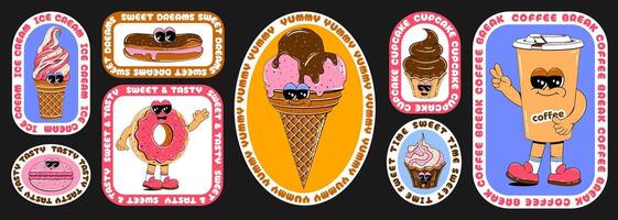 Set of stickers with sweets in retro cartoon style. Vector illustration of donut, ice cream, coffee, cupcake with circle text in the form of retro stickers.