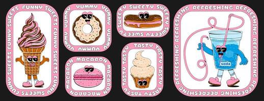 Set of stickers with sweets in retro cartoon style. Vector illustration of donut, ice cream, coffee, cupcake with circle text in the form of retro stickers.