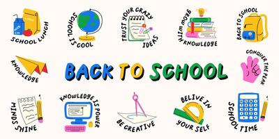 A set of school themed design elements with various phrases in a flat minimalistic style. Hand drawn vector illustration. Design template, distorted text.