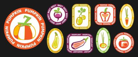 Set of stickers with vegetables in flat geometric style. Vector illustration of pumpkin, carrot, onion, beet, tomato, potato with circle text in the form of retro stickers. Minimalism.