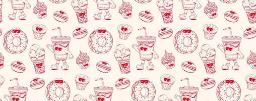 Seamless pattern with trendy retro cartoon sweet fast food characters in linear style. Modern cartoon style. Background with mascots for bar, restaurant menu. vector