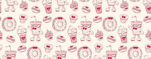 Seamless pattern with trendy retro cartoon sweet fast food characters in linear style. Modern cartoon style. Background with mascots for bar, restaurant menu. vector