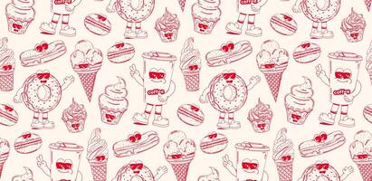 Seamless pattern with trendy retro cartoon sweet fast food characters in linear style. Modern cartoon style. Background with mascots for bar, restaurant menu. vector