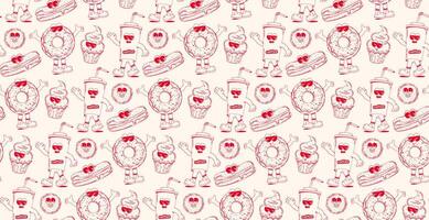 Seamless pattern with trendy retro cartoon sweet fast food characters in linear style. Modern cartoon style. Background with mascots for bar, restaurant menu. vector