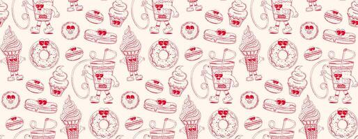 Seamless pattern with trendy retro cartoon sweet fast food characters in linear style. Modern cartoon style. Background with mascots for bar, restaurant menu. vector