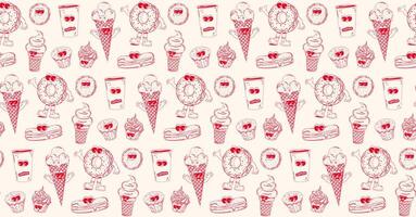 Seamless pattern with trendy retro cartoon sweet fast food characters in linear style. Modern cartoon style. Background with mascots for bar, restaurant menu. vector