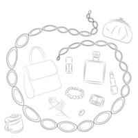 Sketch of various girly things framed by a chain, isolate on a white background, flat vector