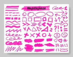 Highlight brush lines, shapes, elements. Big set of hand draw isolated vector objects on white background. Neon pink doodle strokes. Acid highlighters marker stripes, underlines for any use.