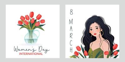 internacional De las mujeres día cuadrado pancartas colocar. 8 marzo. retrato de dibujos animados mujer con tulipanes ramo de flores de flores en florero. diseño para póster, campaña, social medios de comunicación correo, tarjeta postal. vector ilustración.