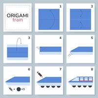 Train origami scheme tutorial moving model. Origami for kids. Step by step how to make a cute origami transport. Vector illustration.