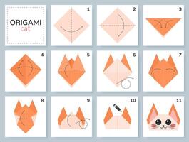 Cat origami scheme tutorial moving model for kids. Step by step how to make a cute origami pet. Vector illustration.