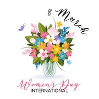 International Women's Day. 8 March. Banner, postcard with isolated vase and bouquet of various spring flowers on white background. Modern vector design for poster, campaign, social media post.