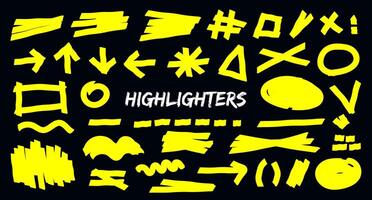 Set of hand drawn highlight brush lines, shapes, elements. isolated vector objects on black background. Doodle neon yellow strokes of marker. Acid highlighters marker stripes, underlines for any use.