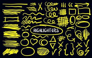 Set of hand drawn highlight brush lines, shapes, elements. isolated vector objects on black background. Doodle neon yellow strokes of marker. Acid highlighters marker stripes, underlines for any use.