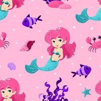 sin costura modelo con pequeño sirena, pez, cangrejo, concha. infantil impresión diseño para textil, imprimir, envase papel. mar y Oceano vida. vector loseta en plano dibujos animados estilo.