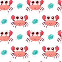 Seamless pattern with red crab and shell. Cute cartoon childish print. Underwater animals on white background. Graphic vector design for textile, wrapping paper, wallpaper, print or fabric.