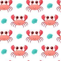 Seamless pattern with red crab and shell. Cute cartoon childish print. Underwater animals on white background. Graphic vector design for textile, wrapping paper, wallpaper, print or fabric.