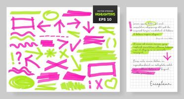 Highlight brush lines, shapes, elements. Big set of hand drawn isolated vector objects on white background. Neon pink doodle strokes. Acid highlighters marker stripes, underlines for any use.