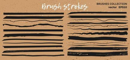 Brush highlighter lines and strokes set. isolated vector design elements on craft background. Doodle black various strokes of marker. Stripes, underlines for any use. Collection of brushes.