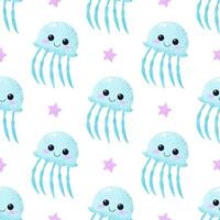 Seamless pattern with blue jellyfish and stars. Cute cartoon childish print. Underwater animals on white background. Graphic vector design for textile, wrapping paper, wallpaper, print or fabric.