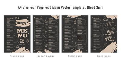 Restaurant cafe menu, template design, A4 size four page food menu template, Bleed 3mm vector