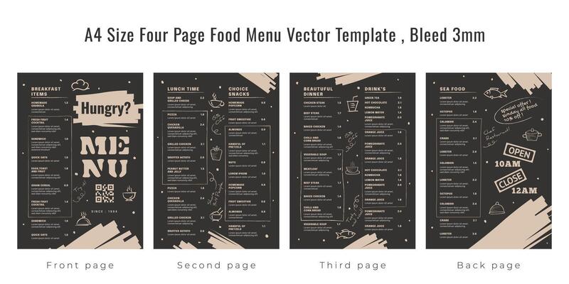 Restaurant cafe menu, template design, A4 size four page food menu template, Bleed 3mm