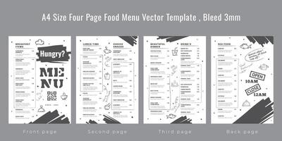 Restaurant cafe menu, template design, A4 size four page food menu template, Bleed 3mm vector